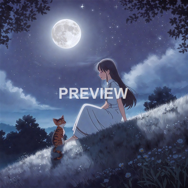 An illustrated scene of a girl with long dark hair sitting on a grassy hill under a starry night sky with a bright full moon, accompanied by a small striped cat, surrounded by trees and flowers.